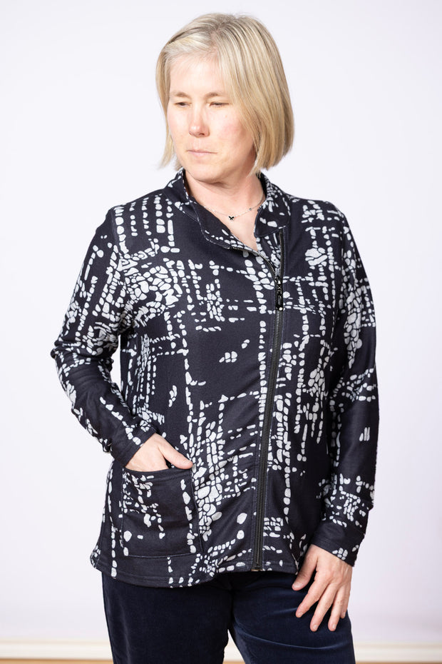 Side Zip Jacket Black Print, Long Sleeve