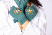 Belle Fingerless Gloves Teal, Embroidered Flowers