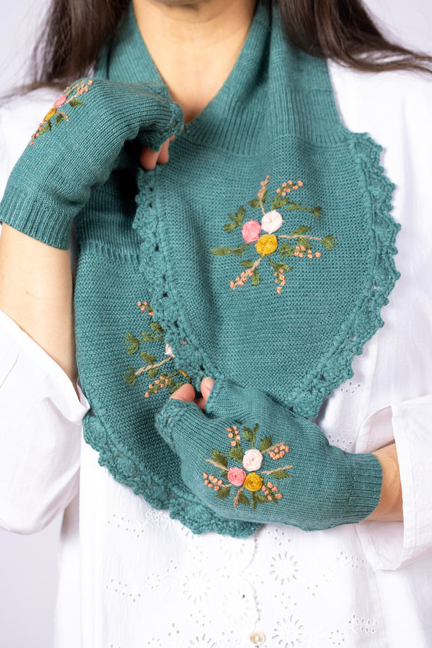 Belle Scarf Teal,  Embroidered Flowers 