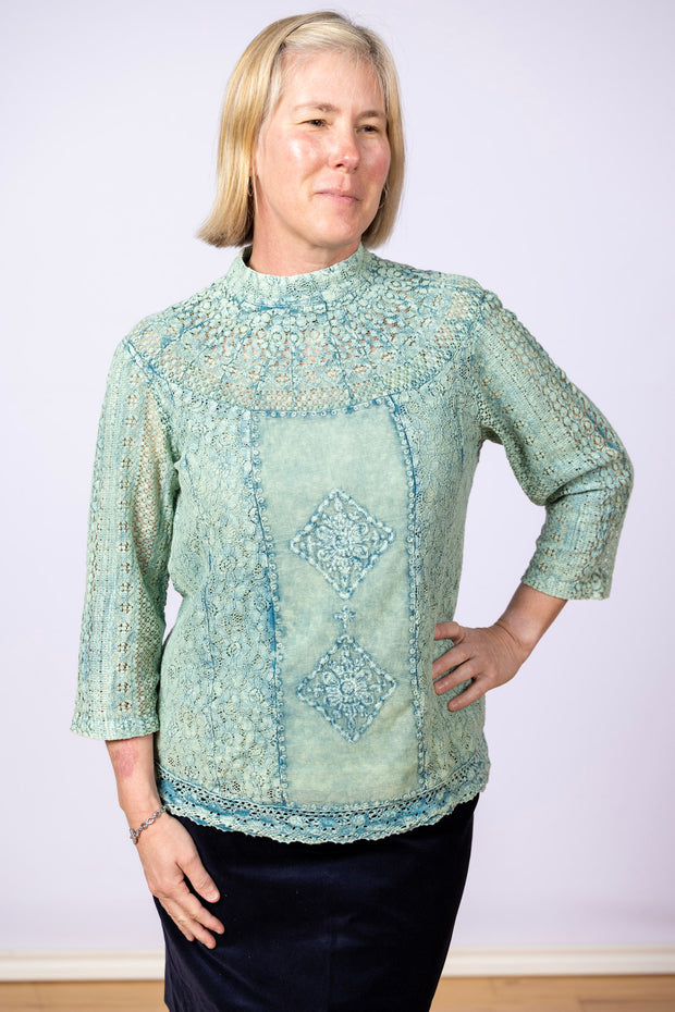 sunwashed teal lace blouse