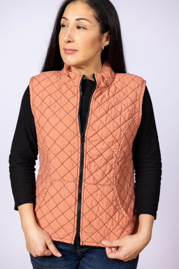 Zip Front Quilted Vest Tandoori, Funnel Neck