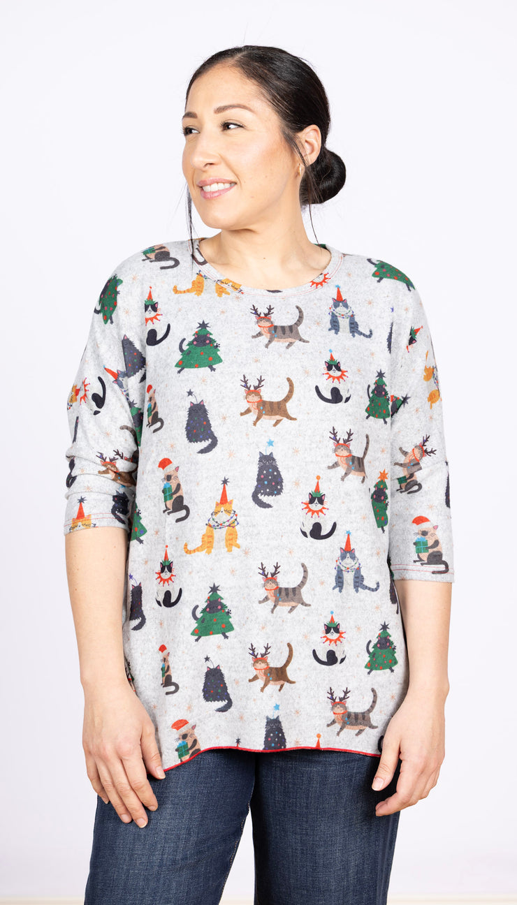 Dolman Sleeve Fleece Christmas Cats, 3/4 Sleeve