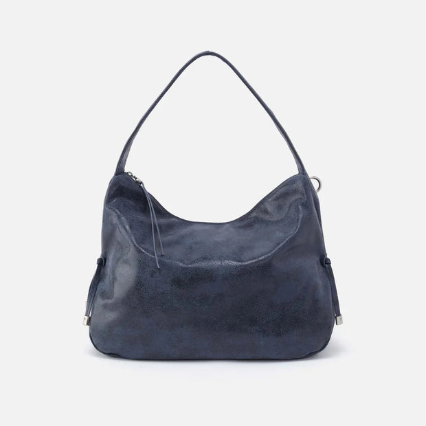 single strap zip top blue handbag