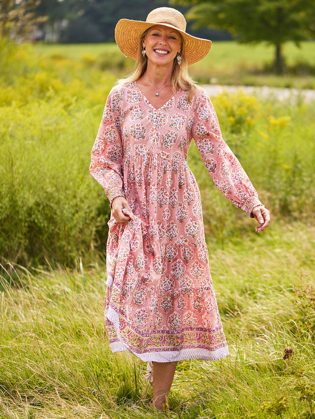 Marigold Block Print Dress Peach