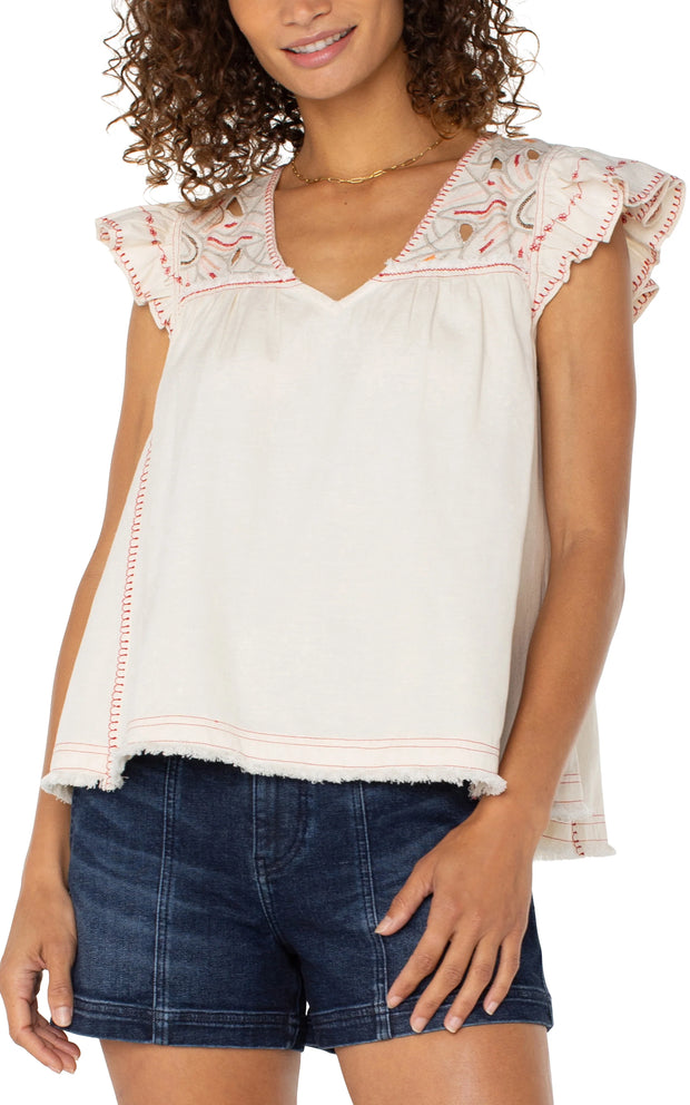 Flutter Sleeve V-Neck Woven Blouse Bone
