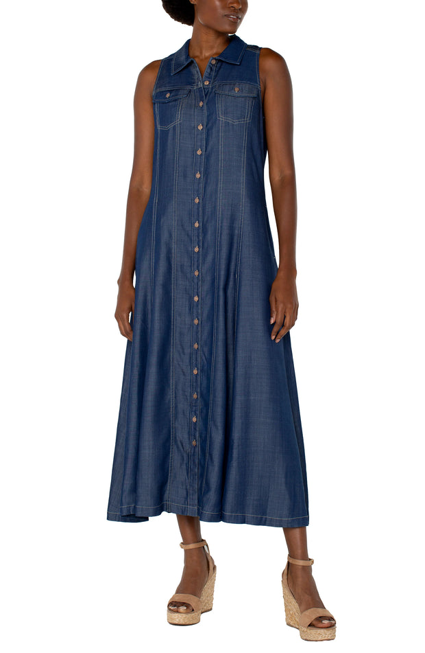 Sleeveless Button Down Maxi Dress Rise Wash