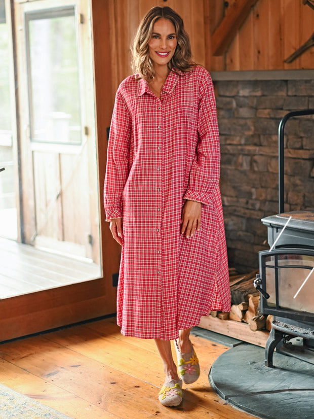 Farmgirl's Plaid Nightshirt Red Ecru, Side Seam Pockets