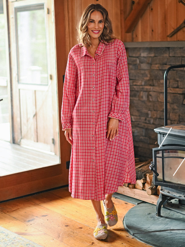 Farmgirl's Plaid Nightshirt Red Ecru, Side Seam Pockets