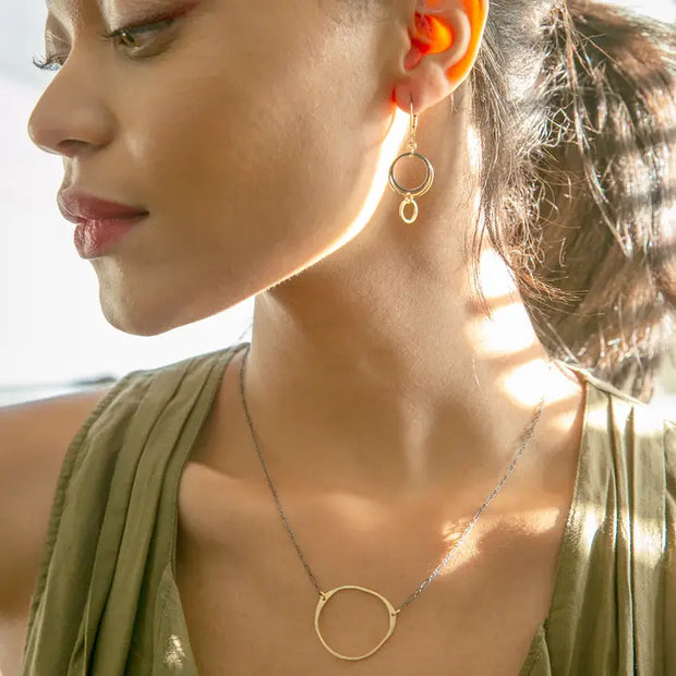 Hammered Gold Oval & Black Chain Necklace