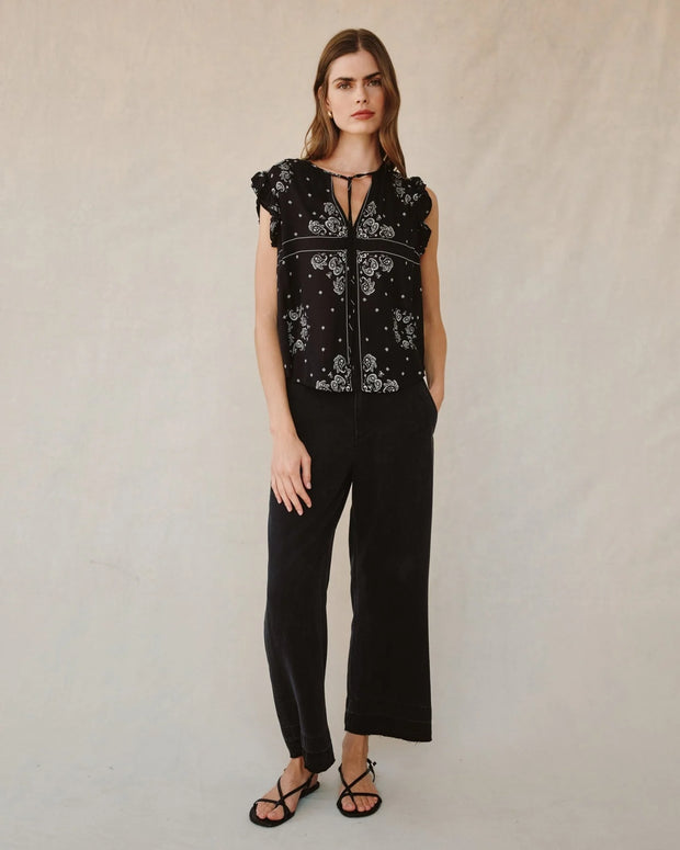 Ruffle Sleeve Tie Neck Top Bandana Print