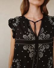 Ruffle Sleeve Tie Neck Top Bandana Print
