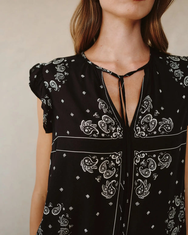 Ruffle Sleeve Tie Neck Top Bandana Print