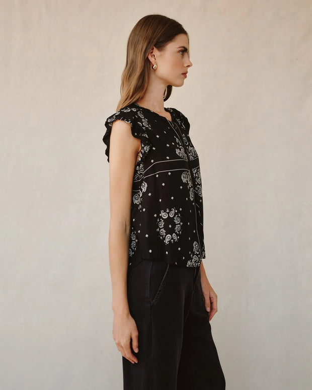 Ruffle Sleeve Tie Neck Top Bandana Print